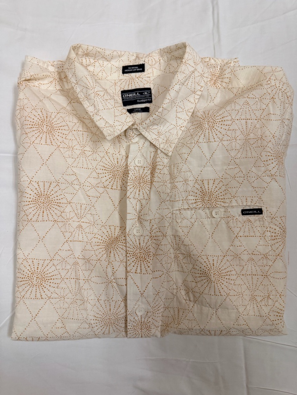 O'Neill Men's Cream Short Sleeve Button-Down with Tan Dot Starburst Print